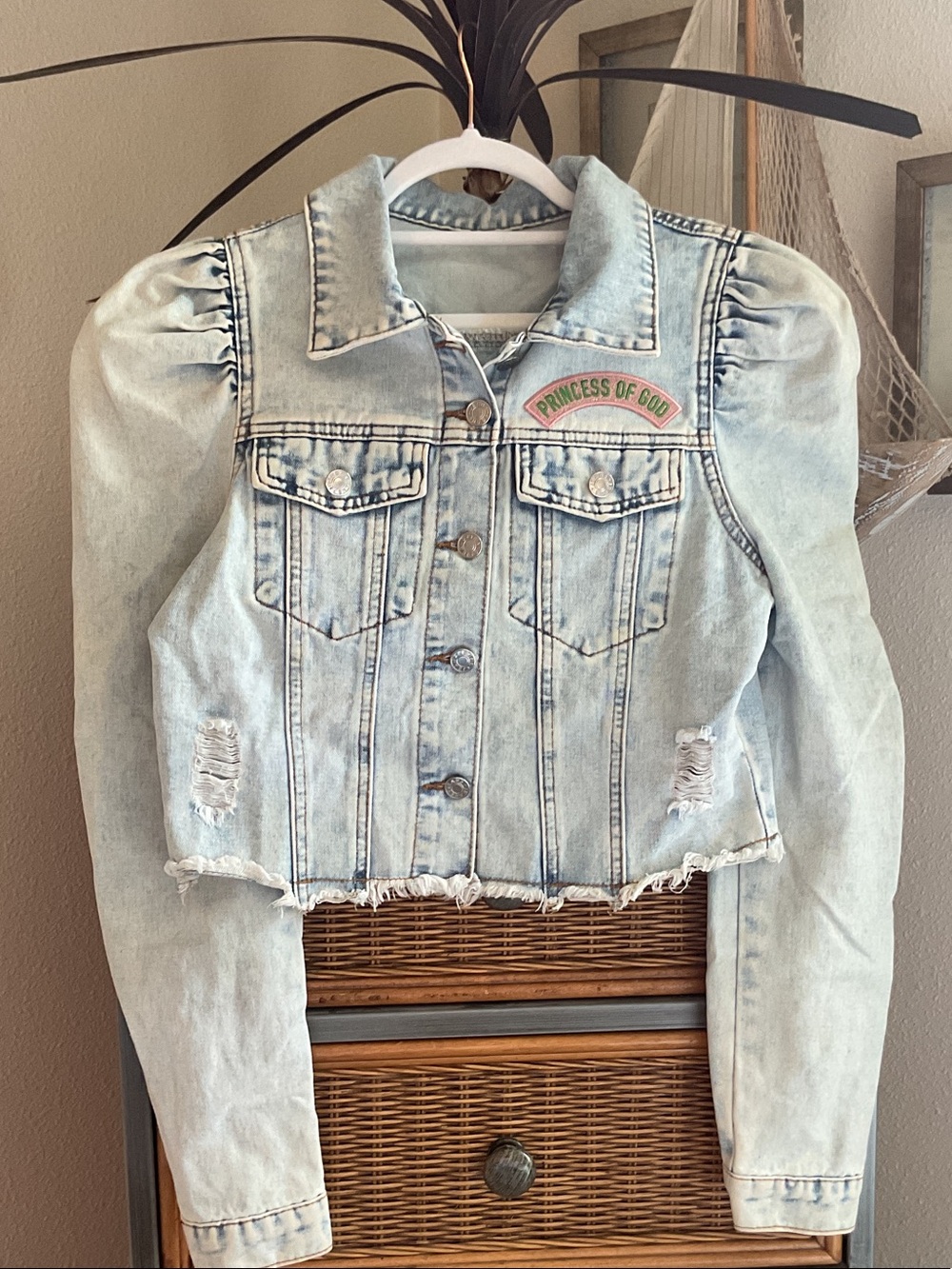 Light Wash Denim Jacket with Puff Shoulders - "Princess of God" Patch